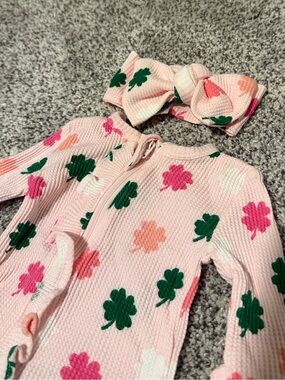 Spearmint Love Newborn Pink Clover Footie Ruffle with Bow